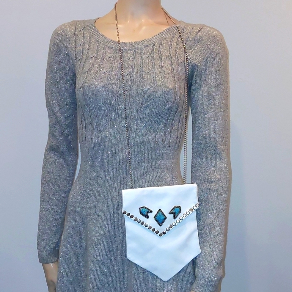 Nina Arjan Vintage 1992 genuine white purse leather mini bag with turquoise - Picture 2 of 8